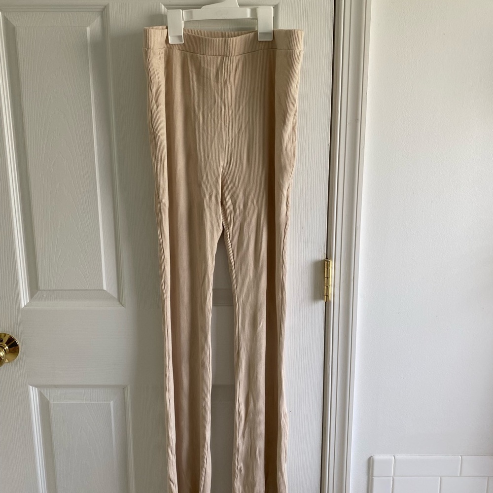 Flared leg stretchy ribbed pants